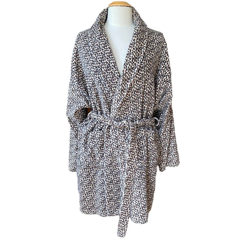 Aegean Apparel Leopard Bathrobe Sz OS Midi Turkish Terry Spa Mobwife Loungewear